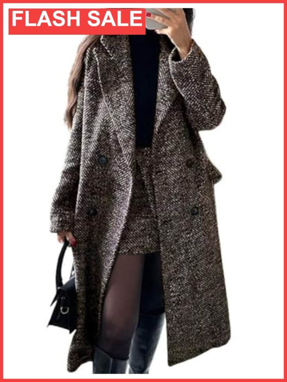 Wool Blend Herringbone Pea Coat Double Breasted Notch Collar Midi Trench